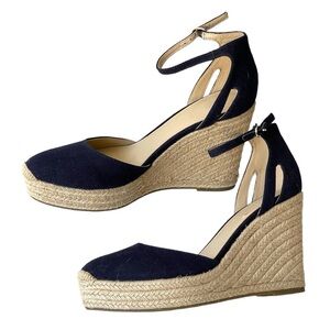 Marc Fisher Womens Navy Blue Wedge Sandals Platform Heels Sling Teelan, Sz 9.5M